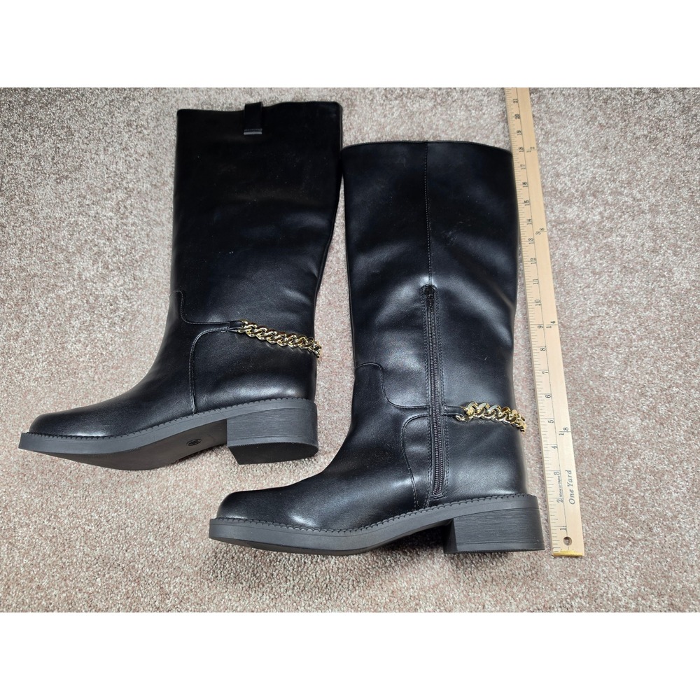 Black Faux Leather Knee High Boots Gold Chain Detail Low Block Heel Size 9.5